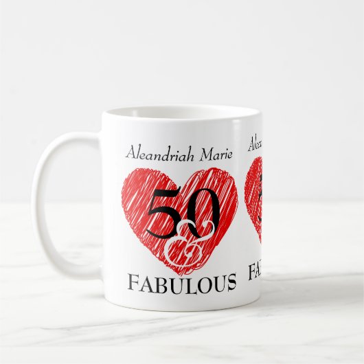 5O en Fabulous Birthday Black Script Red Heart Koffiemok (Links)