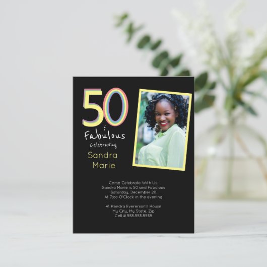 5O en Fabulous Black Yellow Rainbow Chic Birthday Kaart (Staand voorkant)