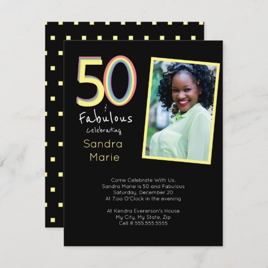 5O en Fabulous Black Yellow Rainbow Chic Birthday Kaart (Voorkant / Achterkant)