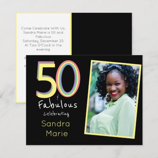 5O en Fabulous Black Yellow Rainbow Chic Birthday Kaart (Voorkant / Achterkant)