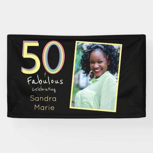 5O en Fabulous Black Yellow Rainbow Chic Birthday Spandoek (Horizontaal)