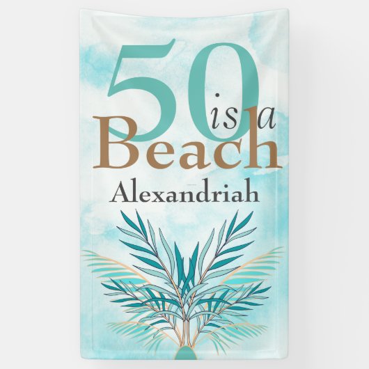 5O IS EEN STRAND Vijftigste Blauw Blauwgroen feest Spandoek (Verticaal)