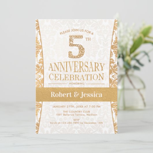 5th Anniversary Party - Goud Wit Kaart (Staand voorkant)