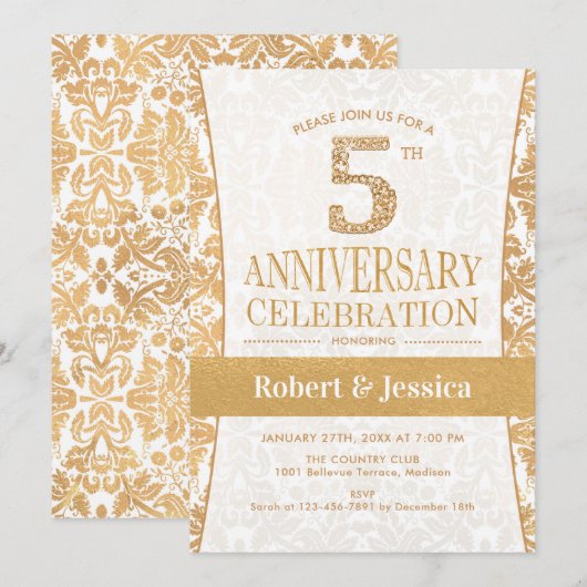 5th Anniversary Party - Goud Wit Kaart (Voorkant / Achterkant)