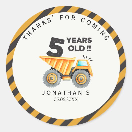 5th birthday boy construction truck ronde sticker (Voorkant)