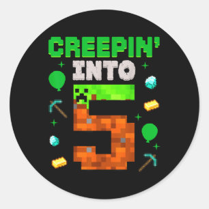 5th Birthday Gamer Pixel Creepin' Into 5 Videogame Ronde Sticker