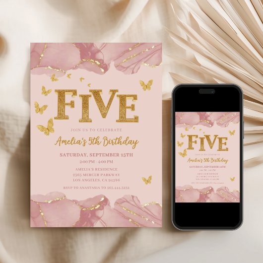 5th Birthday Invitation Pink Gold Glitter Girl Kaart