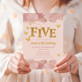 5th Birthday Invitation Pink Gold Glitter Girl Kaart