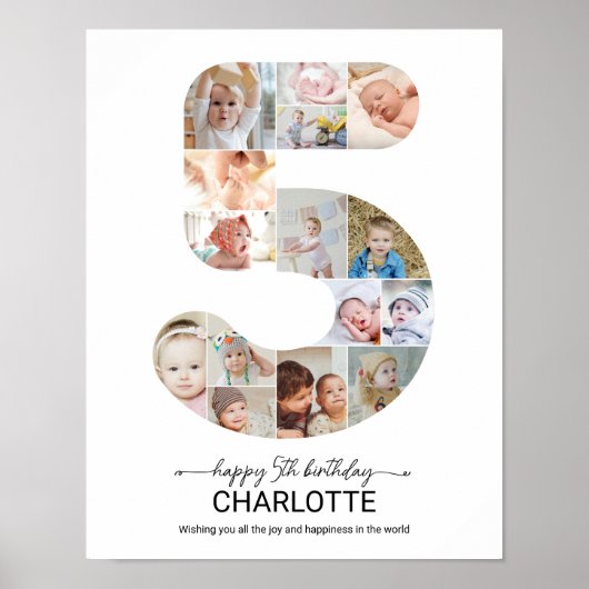 5th Birthday Number 5 Photo Collage Custom Picture Poster (Voorkant)