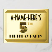5th Birthday Party ~ Art Deco Style “5” + Name Folie Uitnodiging Briefkaart (Voorkant)