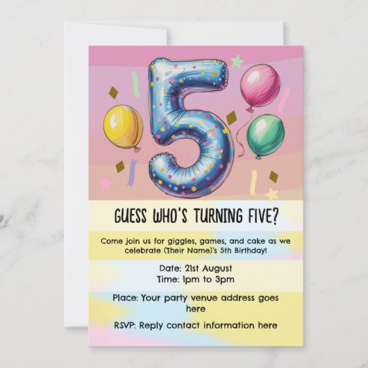 5th birthday party no theme kaart (Voorkant)