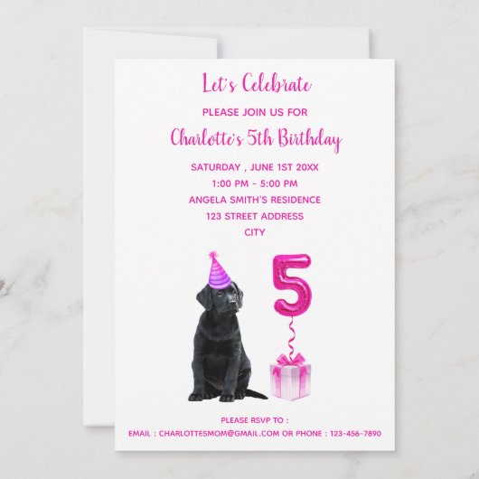 5th Birthday Puppy Theme- Schattige Dog Pink Meisj Kaart (Achterkant)