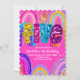 5th Birthday Rainbow Hot Pink Scalloped Invitation Kaart