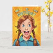 5th Birthday Red Haired Girl Pop Art Style Kaart (Gele Bloem)