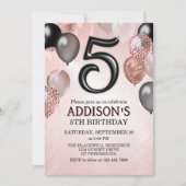 5th Birthday Roos Gold Balloons Invitation Kaart (Voorkant)