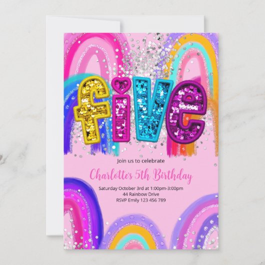 5th Birthday Sequin Rainbow Party Invitation Kaart (Voorkant)