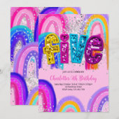 5th Birthday Sequin Rainbow Party Invitation Kaart (Voorkant / Achterkant)