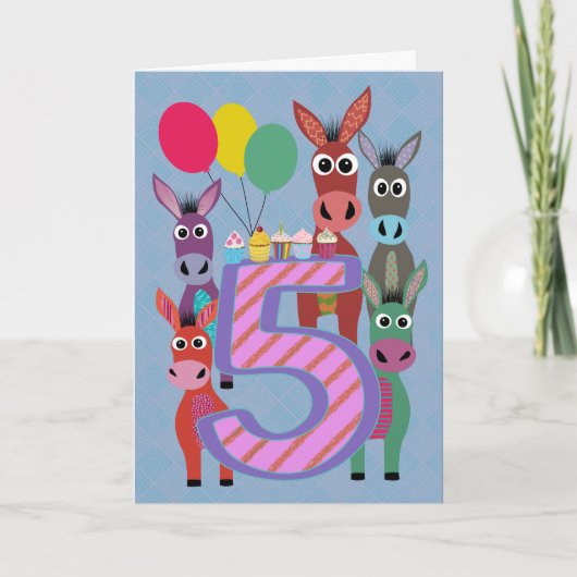 5th Birthday with Five Donkeys and Cupcakes Kaart (Voorkant)