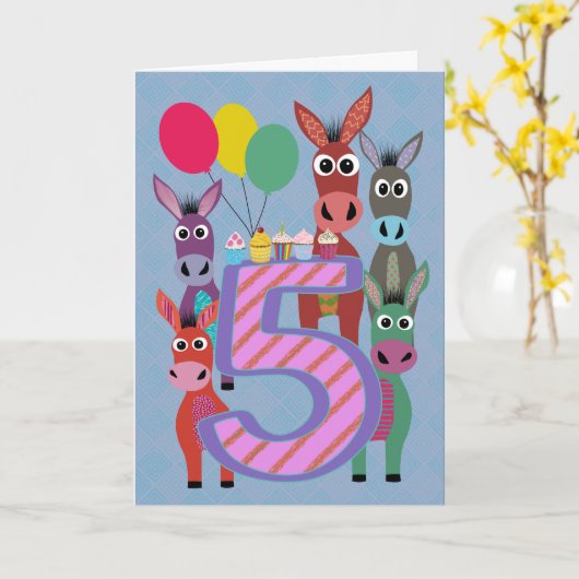5th Birthday with Five Donkeys and Cupcakes Kaart (Gele Bloem)