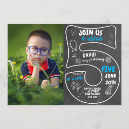 5th Boy Birthday Chalkboard met foto Blue Number Kaart