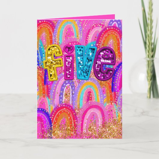 5th Cute Hot Pink Birthday Rainbow Sequin Bedankkaart (Voorkant)