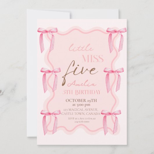 5th Dusty Pink Bows Verjaardagsfeestje Prinses Kaart (Voorkant)