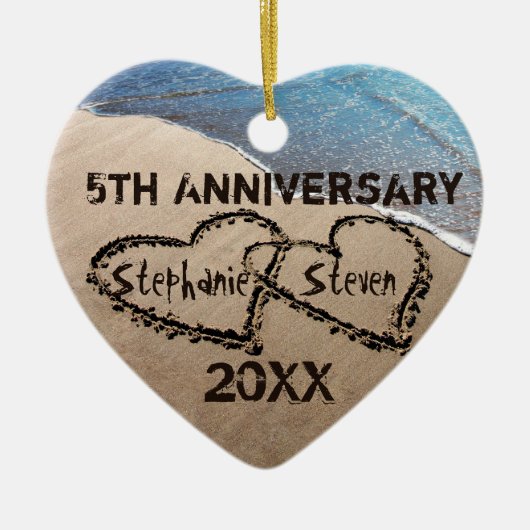 5th, Om het even welk Jubileum Twee Harten in Zand Keramisch Ornament (Voorkant)