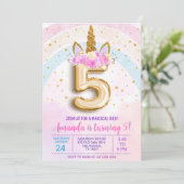 5th unicorn party invite, Editable 5th birthday in Kaart (Staand voorkant)