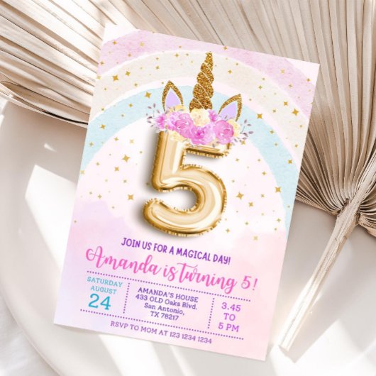 5th unicorn party invite, Editable 5th birthday in Kaart