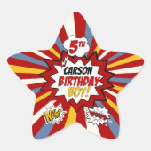 5th Verjaardag Jongen Superheld Comic met Naam Ster Sticker (Voorkant)