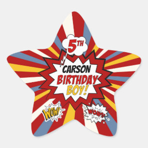 5th Verjaardag Jongen Superheld Comic met Naam Ster Sticker