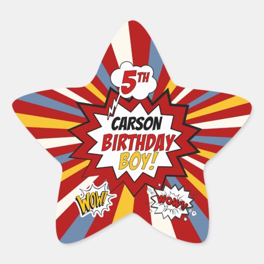 5th Verjaardag Jongen Superheld Comic met Naam Ster Sticker (Voorkant)