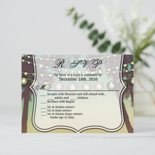 5x3.5 R.S.V.P. Kaart Beach Sunset Palm Trees Strin (Staand voorkant)