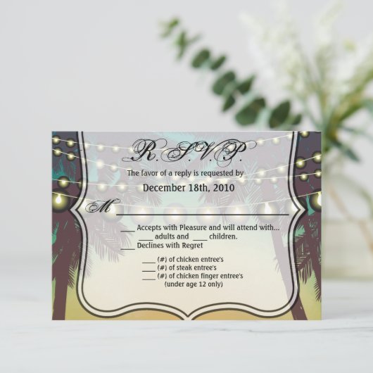 5x3.5 R.S.V.P. Kaart Beach Sunset Palm Trees Strin (Staand voorkant)