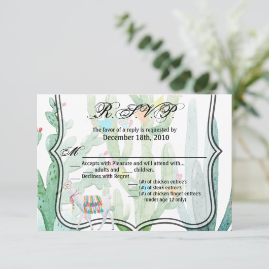 5x3.5 R.S.V.P. Kaart Boho Llama Bohemian Cacti Des (Staand voorkant)