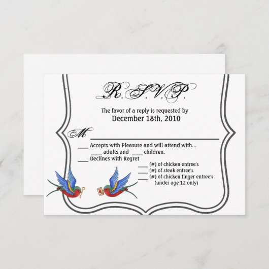 5x3.5 R.S.V.P. Kaart Traditional Bird Tattoo Sparr (Voorkant / Achterkant)