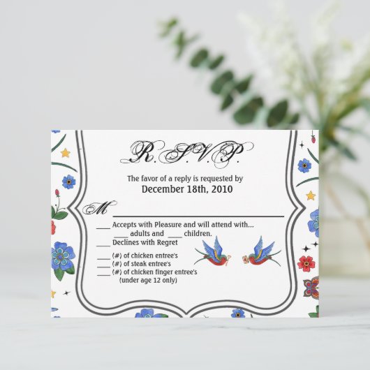 5x3.5 R.S.V.P. Kaart Traditional Bird Tattoo Sparr (Staand voorkant)