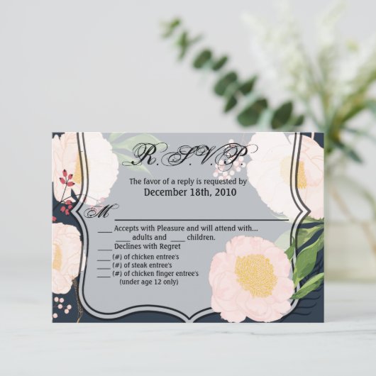5x3.5 R.S.V.P. Kaart Wit Bloemen op Dark B (Staand voorkant)