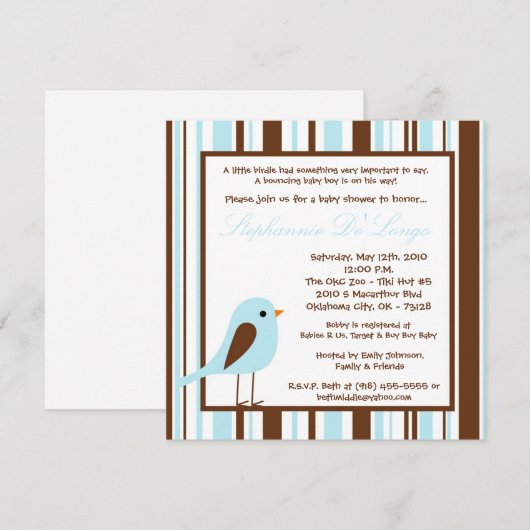 5x5 Blue Boy Woodland Bird Baby shower Invitation Kaart (Voorkant / Achterkant)