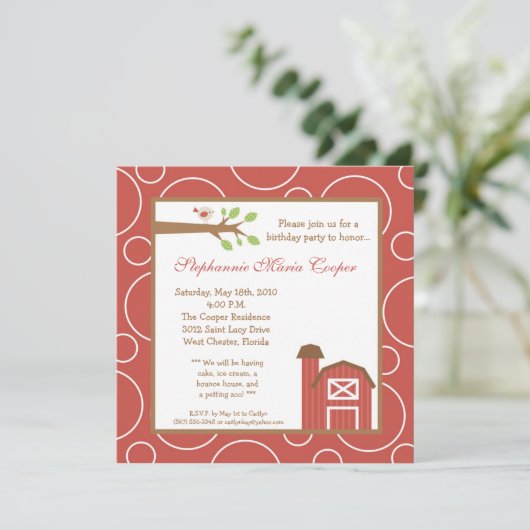 5x5 Boerderij Animal Red Barn Birthday Party Invit Kaart (Staand voorkant)