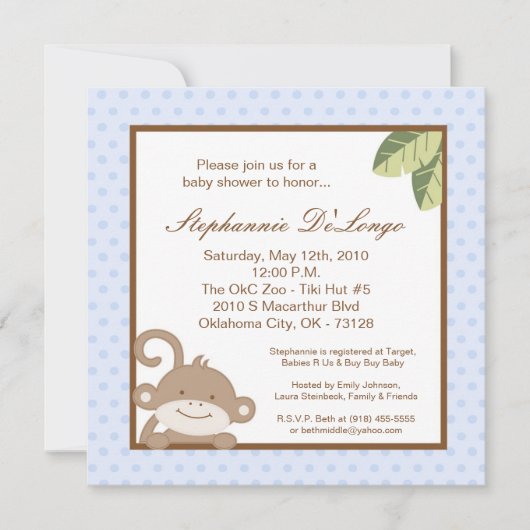 5x5 Boy Blue Monkey Baby shower Uitnodiging (Voorkant)
