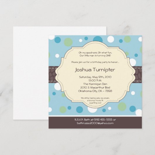 5x5 Boy Blue Polkadot Poke Birthday Uitnodiging (Voorkant / Achterkant)