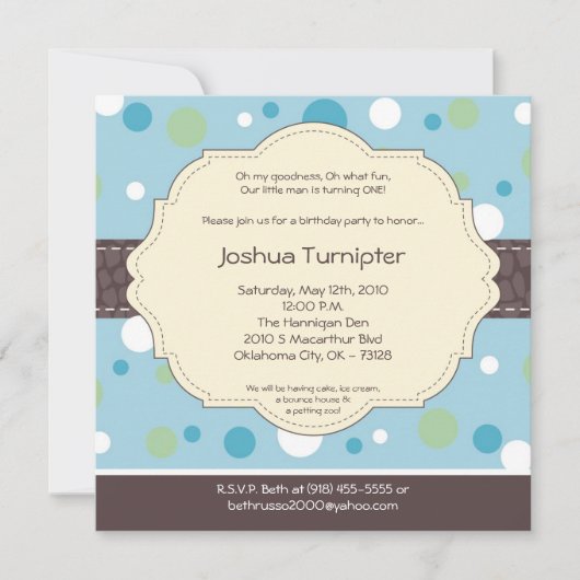 5x5 Boy Blue Polkadot Poke Birthday Uitnodiging (Voorkant)