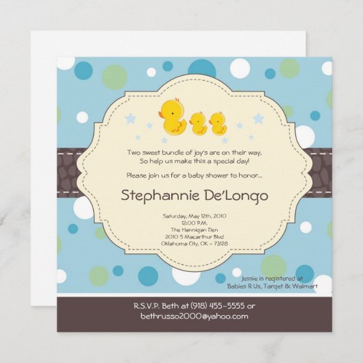 5x5 Boy TWIN Rubber Duck Baby shower Uitnodiging (Voorkant / Achterkant)