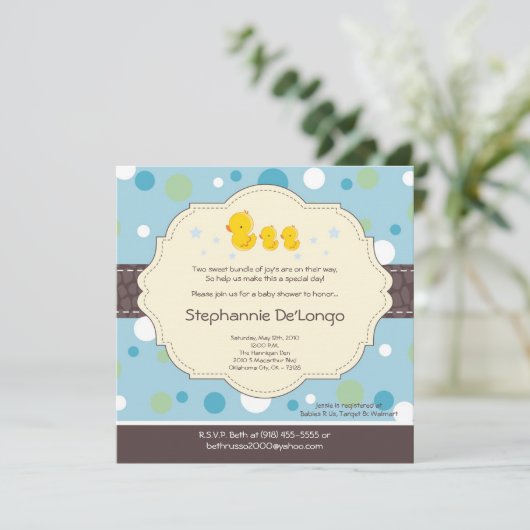 5x5 Boy TWIN Rubber Duck Baby shower Uitnodiging (Staand voorkant)