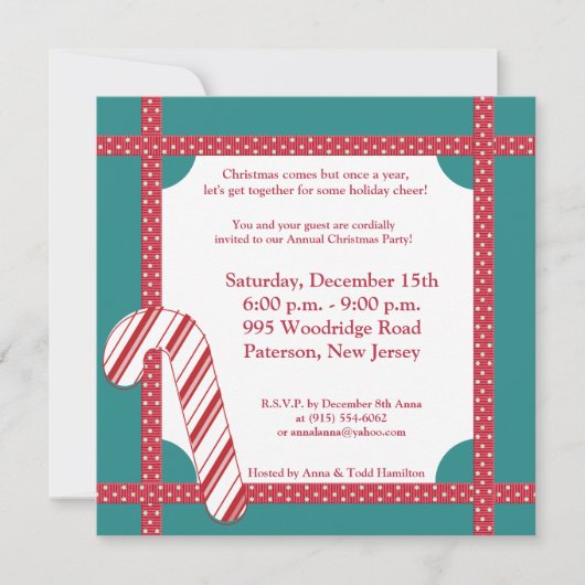 5x5 Candy Cane Stripes on Blauwgroen Invitation Kaart (Voorkant)