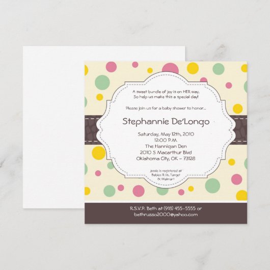 5x5 Girl Pink Polkadot Poke Baby shower Uitnodigin Kaart (Voorkant / Achterkant)