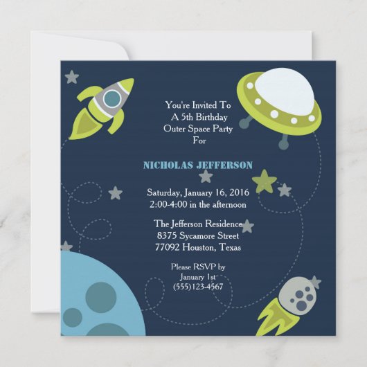 5x5 Green Outer Space Birthday Party Invitation Kaart (Voorkant)