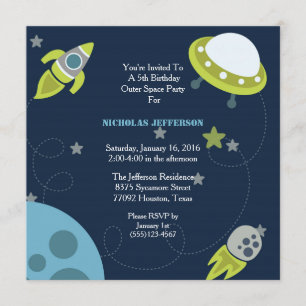 5x5 Green Outer Space Birthday Party Invitation Kaart
