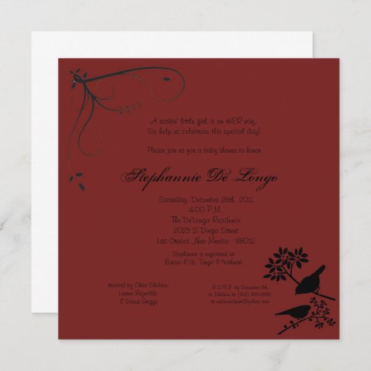 5x5 Maroon Bird Shower Invitation Kaart (Voorkant / Achterkant)